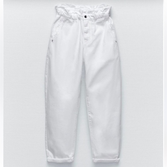 Zara Highrise Paper Bag Ruched White Pants Gold Hardware Size 6 Ankle Length - Picture 2 of 12